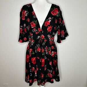 Boohoo Womens Black & Red Floral V-Neck Fit & Flare Dress Kimono Sleeve Size 12